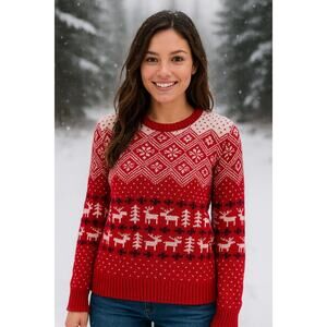 Prince & Fox Red Fair Isle Reindeer Christmas Sweater Medium